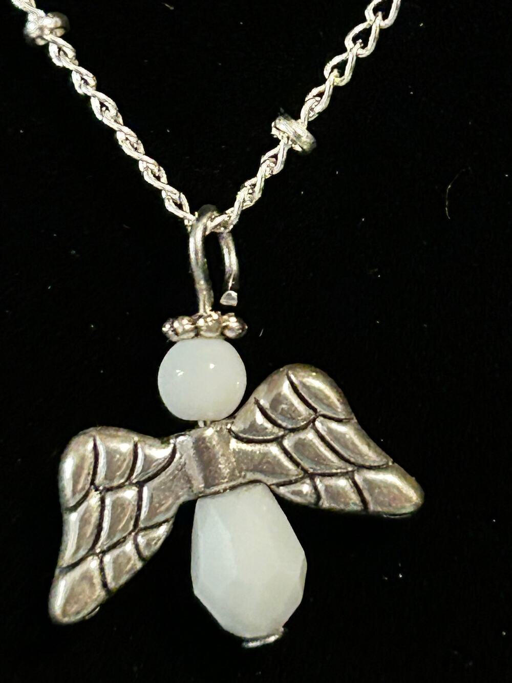 Silver Tone Beaded Angel Pendant Necklace 18" Chain